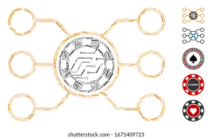 Dash Mosaic based on casino chip circuit icon. Mosaic vector casino chip circuit is formed with randomized hatch elements. Bonus icons are added.