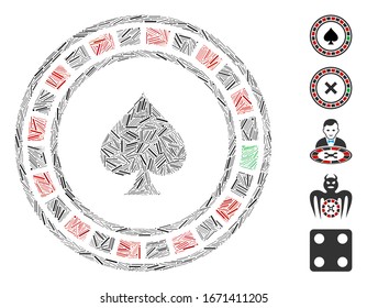 Dash Mosaic based on casino roulette icon. Mosaic vector casino roulette is created with random dash dots. Bonus icons are added.