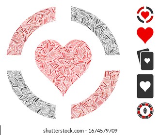Dash Mosaic based on casino hearts suit icon. Mosaic vector casino hearts suit is created with random dash items. Bonus icons are added.