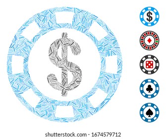 Dash Mosaic based on casino chip icon. Mosaic vector casino chip is formed with randomized dash spots. Bonus icons are added.