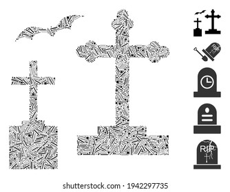 Dash Mosaic based on cemetery icon. Mosaic vector cemetery is composed with scattered dash spots. Bonus icons are added.