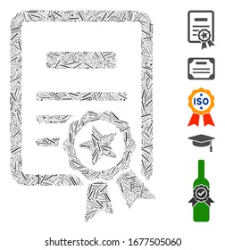 Dash Mosaic based on certificate icon. Mosaic vector certificate is composed with random dash spots. Bonus icons are added.
