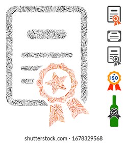 Dash Mosaic based on certified diploma icon. Mosaic vector certified diploma is formed with random dash elements. Bonus icons are added.