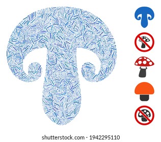 Dash Mosaic based on champignon mushroom icon. Mosaic vector champignon mushroom is composed with scattered dash dots. Bonus icons are added.