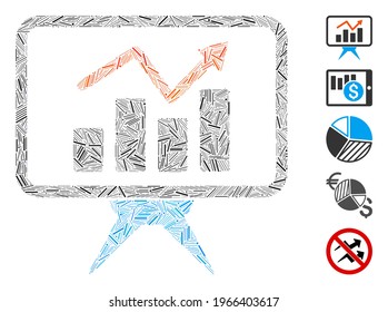 Dash Mosaic based on chart report panel icon. Mosaic vector chart report panel is formed with randomized dash items. Bonus icons are added.