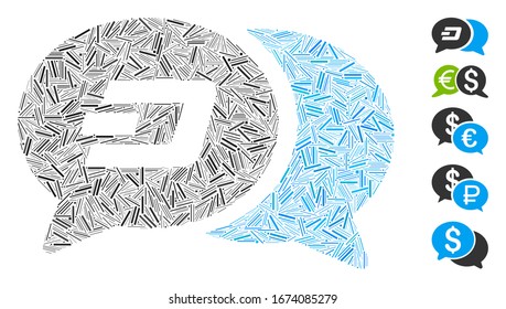 Dash Mosaic basado en el icono de mensajes de chat Dash. Los mensajes de chat Dash de vector mosaico se componen de elementos de guión aleatorizados. Se agregan iconos de bonificación.