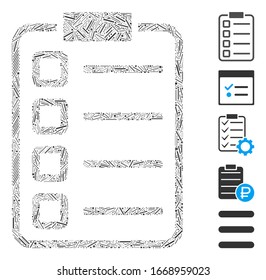 Dash Mosaic based on checklist pad icon. Mosaic vector checklist pad is created with randomized dash elements. Bonus icons are added.