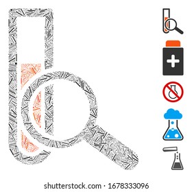 Mosaico de ceniza basado en un icono de prueba química. El ensayo químico vectorial mosaico se compone de elementos dispersos del salpicadero. Se agregan iconos de bonificación.