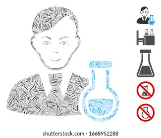 Dash Mosaic based on chemist icon. Mosaic vector chemist is composed with random dash items. Bonus icons are added.