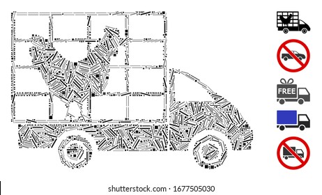 Dash Mosaic based on chicken wagon icon. Mosaic vector chicken wagon is created with randomized dash items. Bonus icons are added.