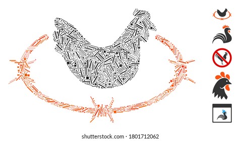 Dash Mosaic based on chicken farm icon. Mosaic vector chicken farm is composed with randomized line elements. Bonus icons are added.