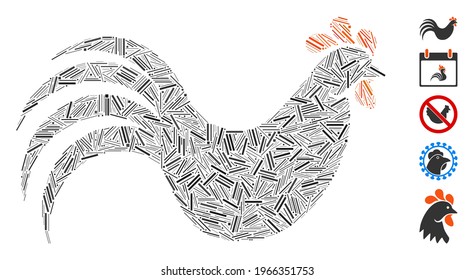 Dash Mosaic based on chicken icon. Mosaic vector chicken is composed with random dash items. Bonus icons are added.