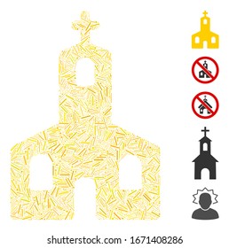 Dash Mosaic basado en el ícono de la iglesia cristiana. La iglesia cristiana vectorial mosaico se crea con elementos de guiones aleatorios. Se agregan iconos de bonificación.