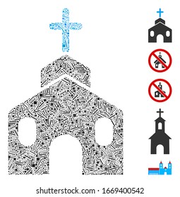 Dash Mosaic basado en el ícono de la construcción de la iglesia. El edificio de la iglesia vectorial de mosaico está diseñado con elementos de guión aleatorizados. Se agregan iconos de bonificación.