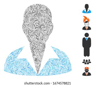 Dash Mosaic based on clerk icon. Mosaic vector clerk is composed with scattered dash items. Bonus icons are added.