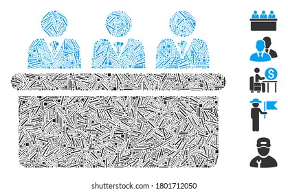 Dash Mosaic based on clerks desk icon. Mosaic vector clerks desk is designed with random dash dots. Bonus icons are added.
