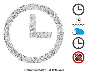 Dash Mosaic based on clock icon. Mosaic vector clock is designed with randomized dash dots. Bonus icons are added.