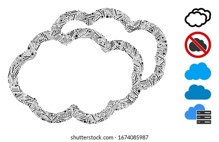 Dash Mosaic based on clouds icon. Mosaic vector clouds is designed with randomized dash spots. Bonus icons are added.