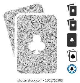 Dash Mosaic based on clubs playing cards icon. Mosaic vector clubs playing cards is composed with random dash elements. Bonus icons are added.