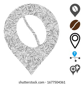 Dash Mosaic based on coffee bean marker icon. Mosaic vector coffee bean marker is created with random dash dots. Bonus icons are added.