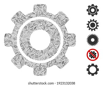 Dash Mosaic basado en el icono del cog. El cog vectorial mosaico se forma con manchas de guiones dispersas. Se agregan iconos de bonificación.