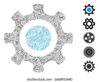 Dash Mosaic based on cogwheel icon. Mosaic vector cogwheel is formed with random dash spots. Bonus icons are added.