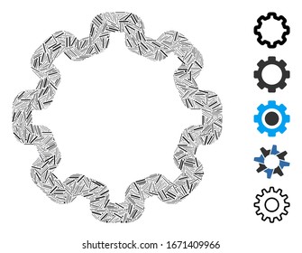 Dash Mosaic based on cogwheel icon. Mosaic vector cogwheel is created with scattered dash spots. Bonus icons are added.