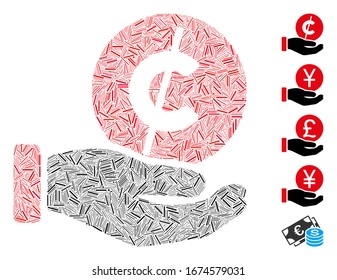Dash Mosaic based on coin micropayment hand icon. Mosaic vector coin micropayment hand is composed with randomized dash items. Bonus icons are added.