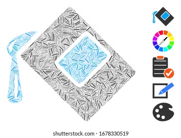 Mosaico de guiones basado en el icono de relleno de color. El relleno de color vectorial mosaico está diseñado con puntos de guiones dispersos. Se agregan iconos de bonificación.
