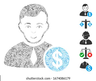 Dash Mosaic based on commercial lawyer icon. Mosaic vector commercial lawyer is composed with scattered dash items. Bonus icons are added.