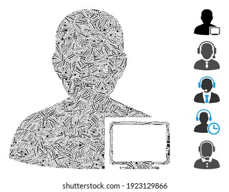 Dash Mosaic based on computer administrator icon. Mosaic vector computer administrator is composed with randomized dash spots. Bonus icons are added.