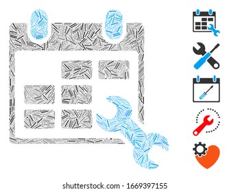 Dash Mosaic based on configure timetable icon. Mosaic vector configure timetable is composed with randomized dash elements. Bonus icons are added.