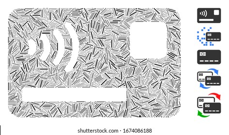 Dash Mosaic based on contactless payment card icon. Mosaic vector contactless payment card is created with scattered dash elements. Bonus icons are added.