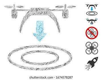 Dash Mosaic basierend auf dem Copter Ankunft Symbol. Mosaik Vektorillustration Kopierer-Ankunft wird mit zufälligen Bindestrichen erstellt. Bonussymbole werden hinzugefügt.