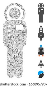 Dash Mosaic based on cosmonaut icon. Mosaic vector cosmonaut is composed with scattered dash dots. Bonus icons are added.