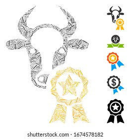Dash Mosaic based on cow award icon. Mosaic vector cow award is composed with randomized dash items. Bonus icons are added.