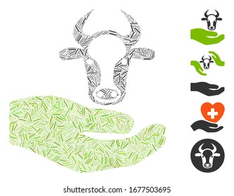 Dash Mosaic based on cow care hand icon. Mosaic vector cow care hand is designed with random dash items. Bonus icons are added.