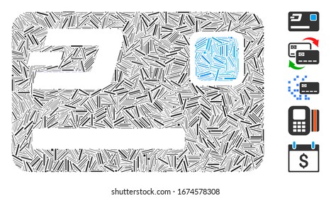 Dash Mosaic basiert auf Dash Kreditkartensymbol. Mosaik Vektorillustration Die Dash-Kreditkarte besteht aus verstreuten Punktpunkten. Bonussymbole werden hinzugefügt.