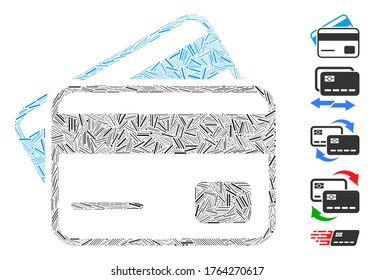 Dash Mosaic based on credit cards icon. Mosaic vector credit cards is composed with randomized line items. Bonus icons are added.