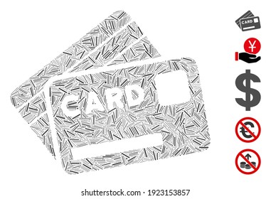 Dash Mosaic based on credit cards icon. Mosaic vector credit cards is created with randomized dash spots. Bonus icons are added.