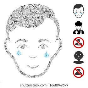 Dash Mosaic based on crying man face icon. Mosaic vector crying man face is designed with randomized dash items. Bonus icons are added.