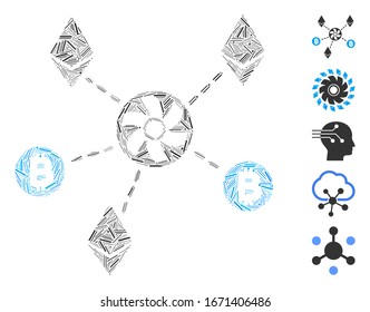 Mosaico de guiones basado en el icono del rotor de mezclador de criptografía. El rotor mezclador criptodivisa vectorial mosaico está diseñado con elementos de guión dispersos. Se agregan iconos de bonificación.