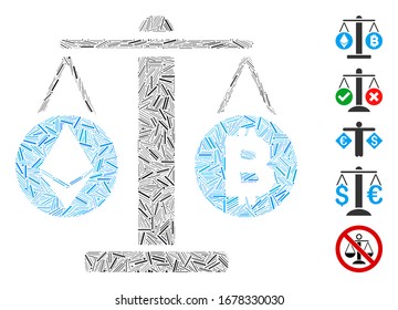 Dash Mosaic based on cryptocurrency weight icon. Mosaic vector cryptocurrency weight is composed with randomized dash items. Bonus icons are added.