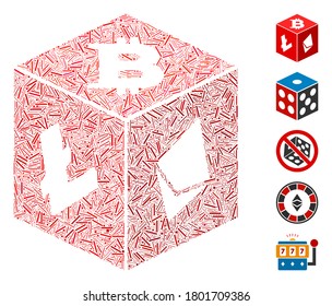 Dash Mosaic basado en el icono de dados criptodivisa. Los dados de criptodivisa de vector mosaico se componen de puntos de guiones dispersos. Se agregan iconos de bonificación.