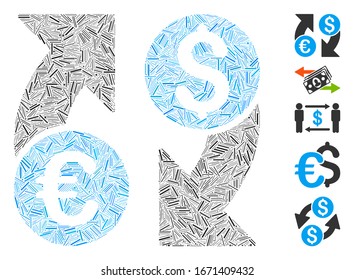 Dash Mosaic based on currency change icon. Mosaic vector currency change is created with random dash items. Bonus icons are added.