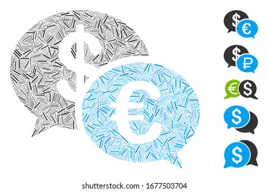Mosaico de guiones basado en el icono de mensajes de transacciones de divisas. Los mensajes de transacción de moneda vectorial mosaico están diseñados con puntos de guión aleatorizados. Se agregan iconos de bonificación.