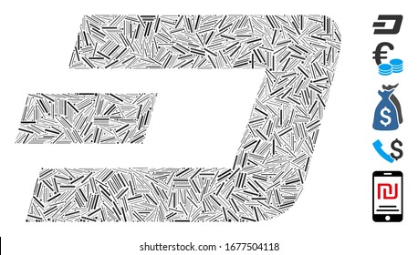Dash Mosaic based on Dash currency icon. Mosaic vector Dash currency is created with randomized dash dots. Bonus icons are added.