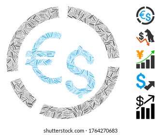 Dash Mosaic based on currency diagram icon. Mosaic vector currency diagram is designed with random dash spots. Bonus icons are added.