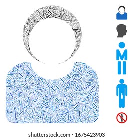 Dash Mosaic based on customer icon. Mosaic vector customer is formed with randomized dash items. Bonus icons are added.