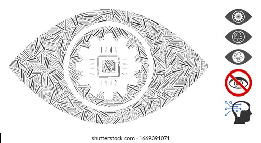 Dash Mosaik auf der Grundlage von Cyber-Auge-Symbol. Das Cyberaugenobjektiv der Mosaik-Vektorillustration wird mit randomisierten Dash-Punkten erstellt. Bonussymbole werden hinzugefügt.